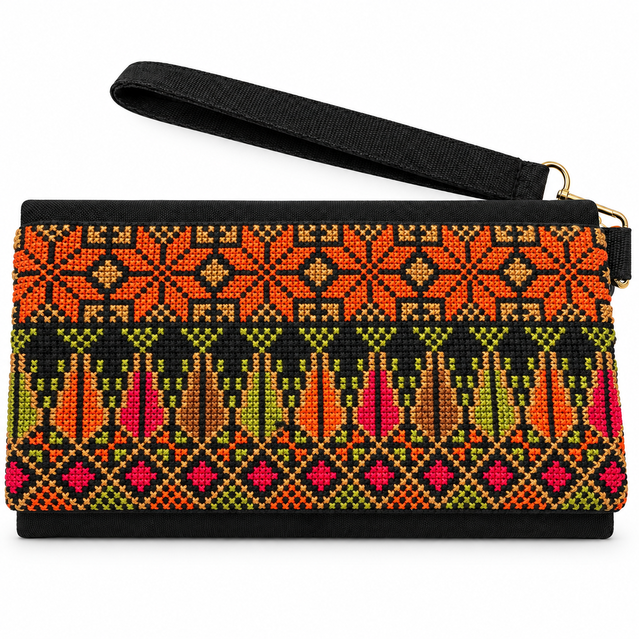 : Hand-embroidered clutch with orange and gold star-like geometric bands, multicoloured vertical motifs in olive, coral, pink and ochre, shown on a white background with a wrist strap.