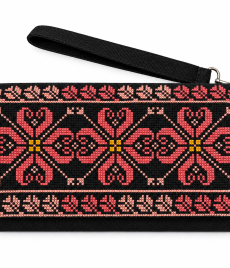 : Hand-embroidered clutch with large symmetrical pink floral medallions with fine pink borders and small golden centres, shown on a white background with a wrist strap