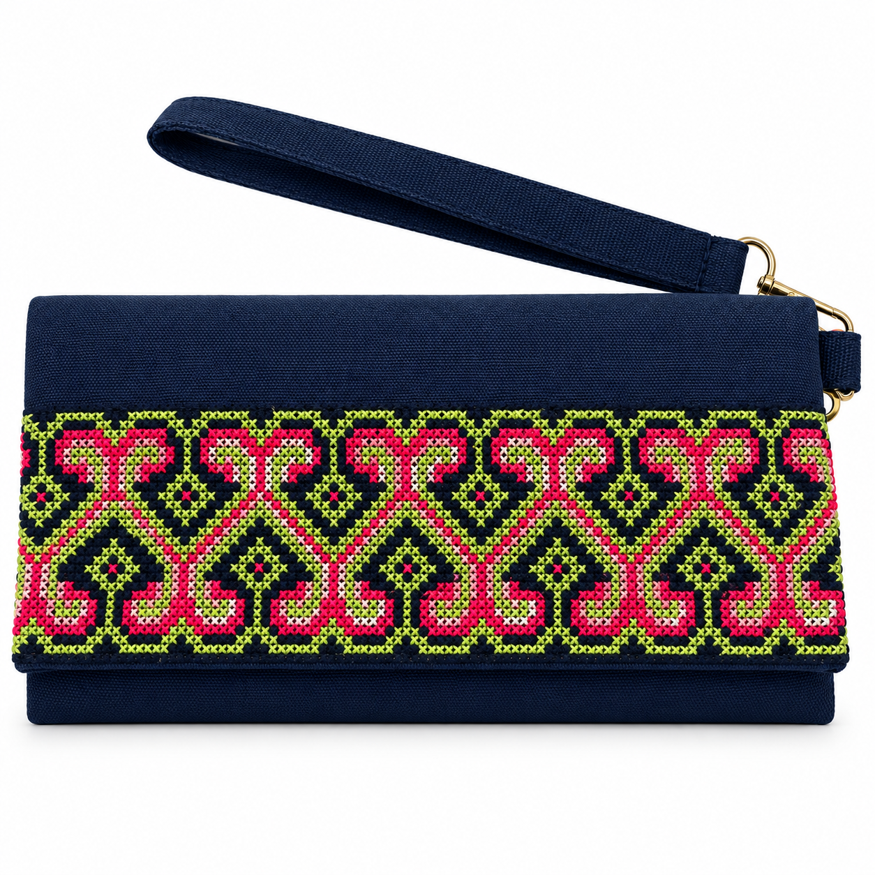 Hand-embroidered clutch with repeating curling geometric vine-like motifs embroidered in pink and lime green on navy fabric, shown on a white background with a wrist strap