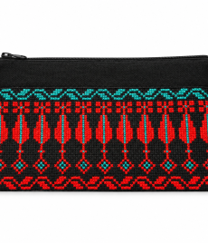 Handmade black Palestinian Tatreez pouch with red and turquoise geometric embroidery and top zipper